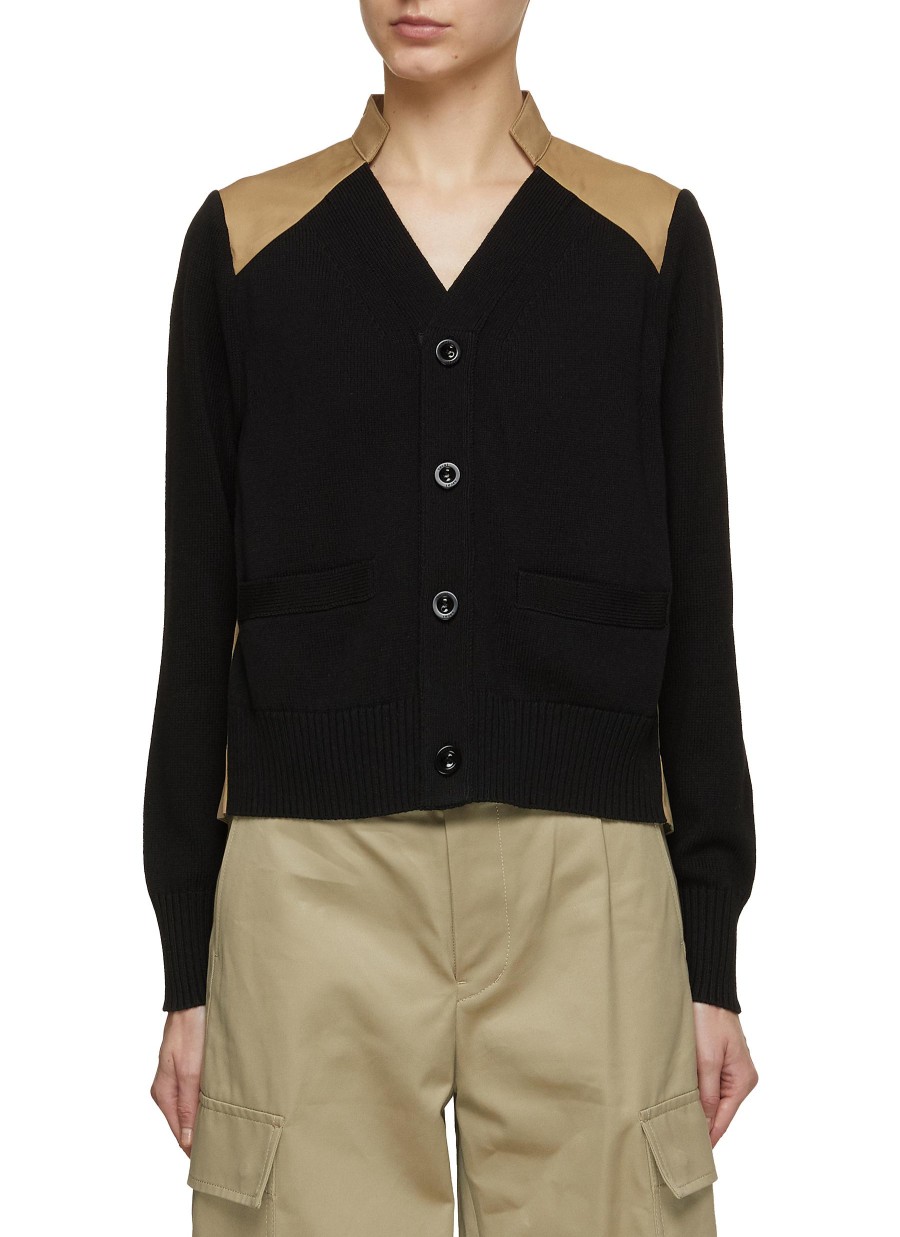 Women SACAI Knitwear | Hybrid Pleated Back Knit Cardigan