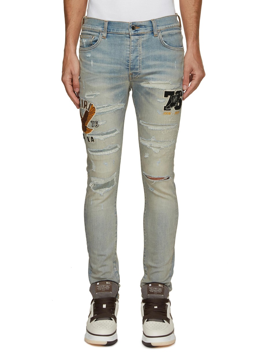 Men AMIRI Pants | Varsity Eagle Logo Distressed Skinny Jeans