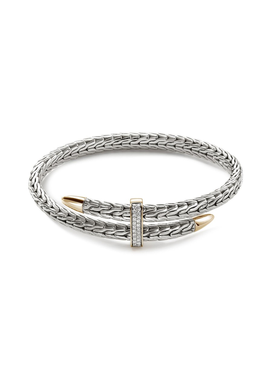 Women JOHN HARDY Fine Jewellery | Classic Chain Diamond 14K Gold Sterling Silver Bypass Flex Cuff — Size S-M