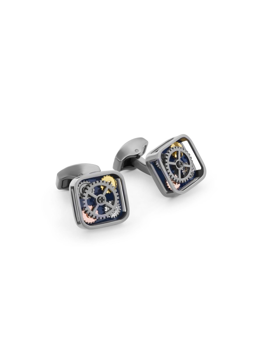 Men TATEOSSIAN Cufflinks | Square Quattro Gear Hand Painted Enamel Base Gunmetal Plated Cufflinks