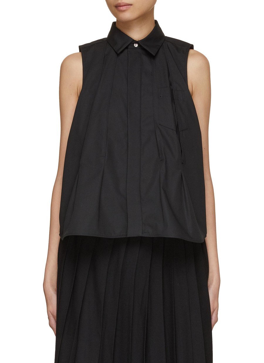 Women SACAI Tops | Pleated Sleeveless Poplin Shirt