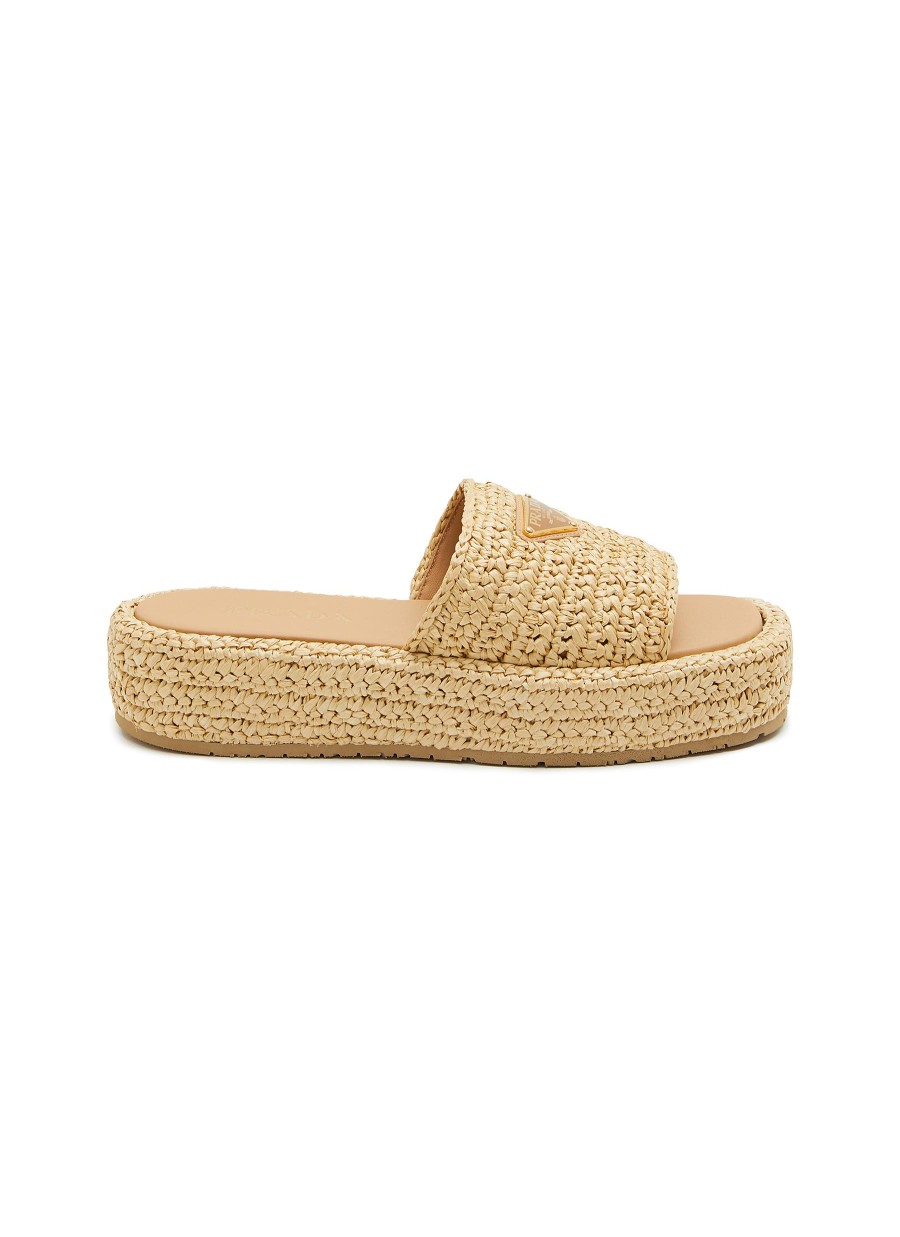 Women PRADA Slides | Logo Plaque Raffia Flatform Sandals