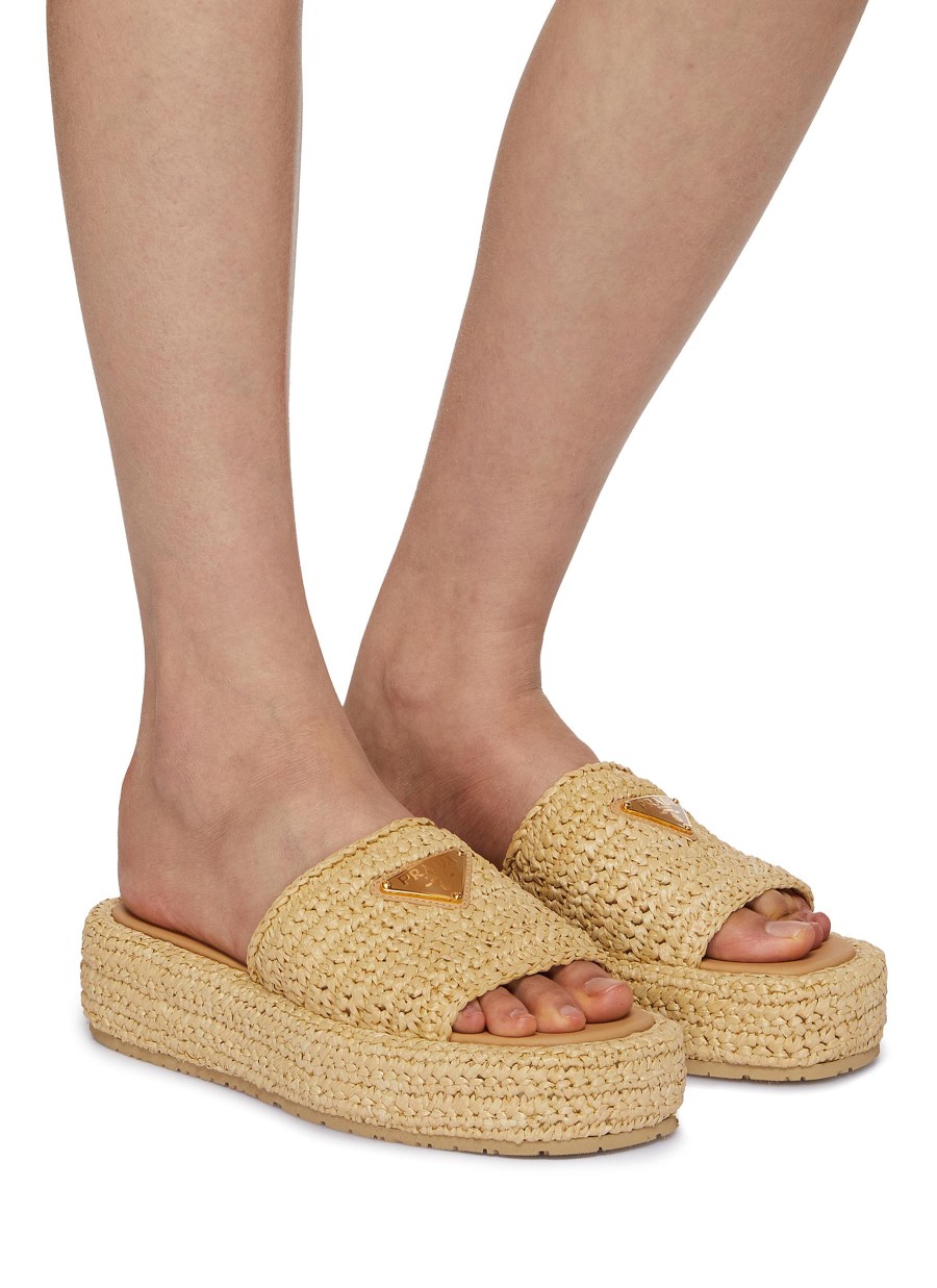 Women PRADA Slides | Logo Plaque Raffia Flatform Sandals