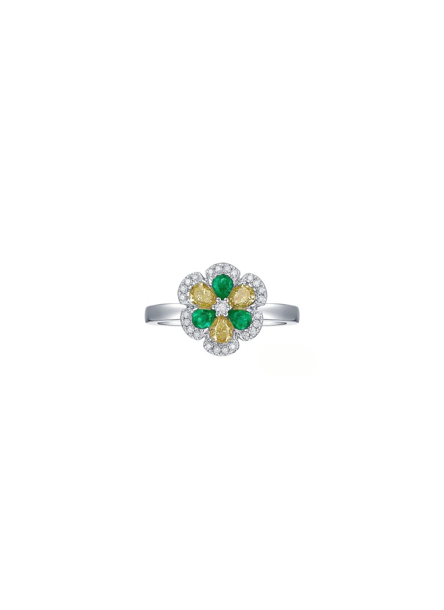 Women LC COLLECTION JEWELLERY Fine Jewellery | 18K White Gold Yellow Diamond Emerald Flower Ring — Size Us 7