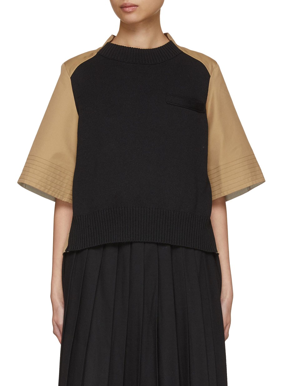 Women SACAI Tops | Hybrid Knit Front Pleated Back Top