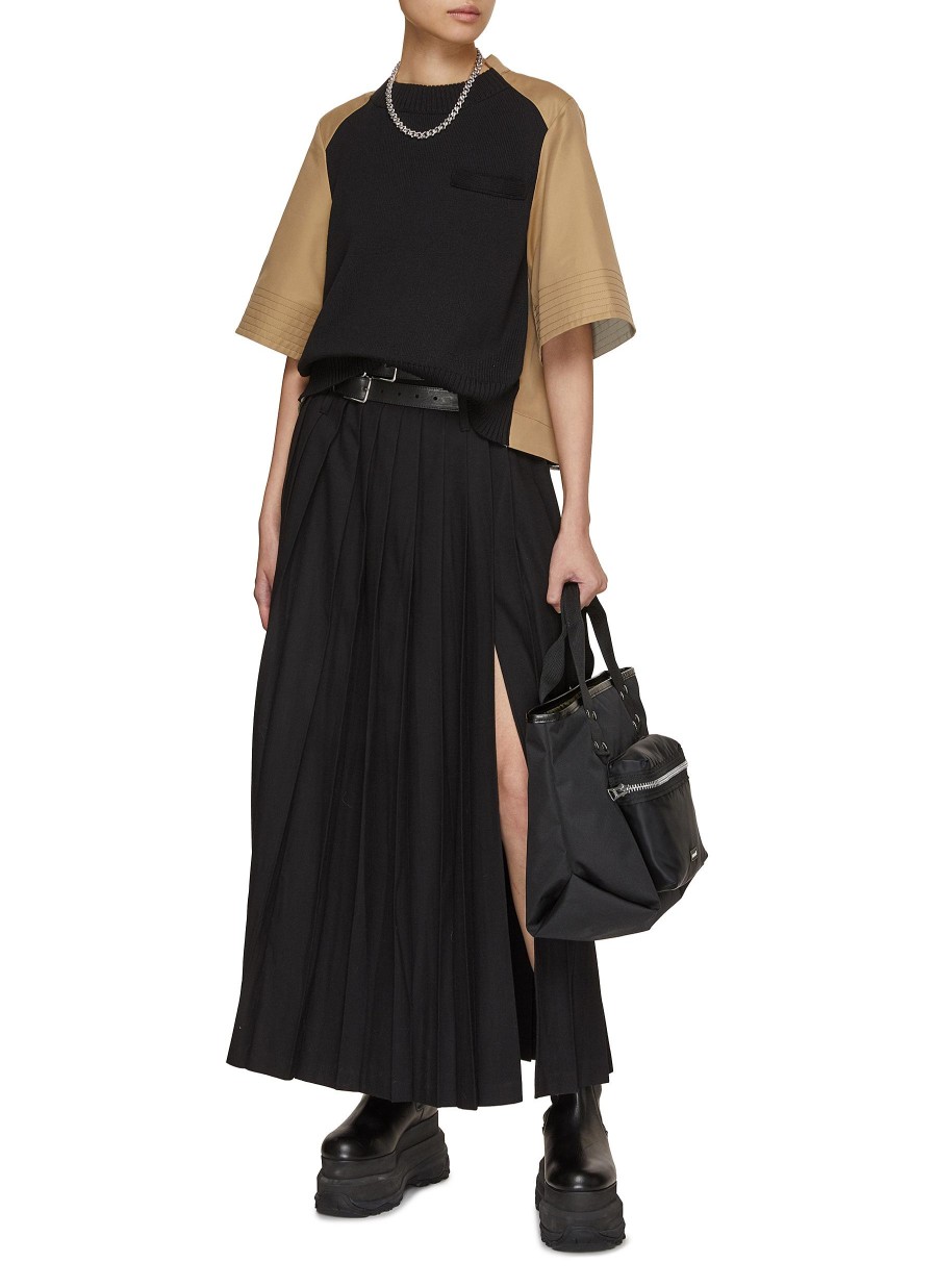 Women SACAI Tops | Hybrid Knit Front Pleated Back Top