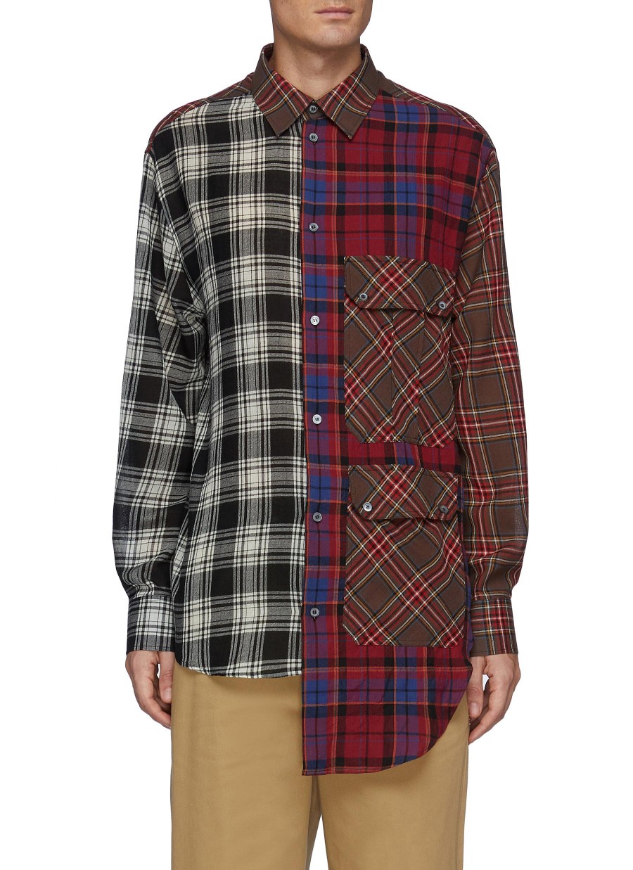 Men LOEWE Shirts | Asymmetric Chequered Patchwork Cotton Shirt