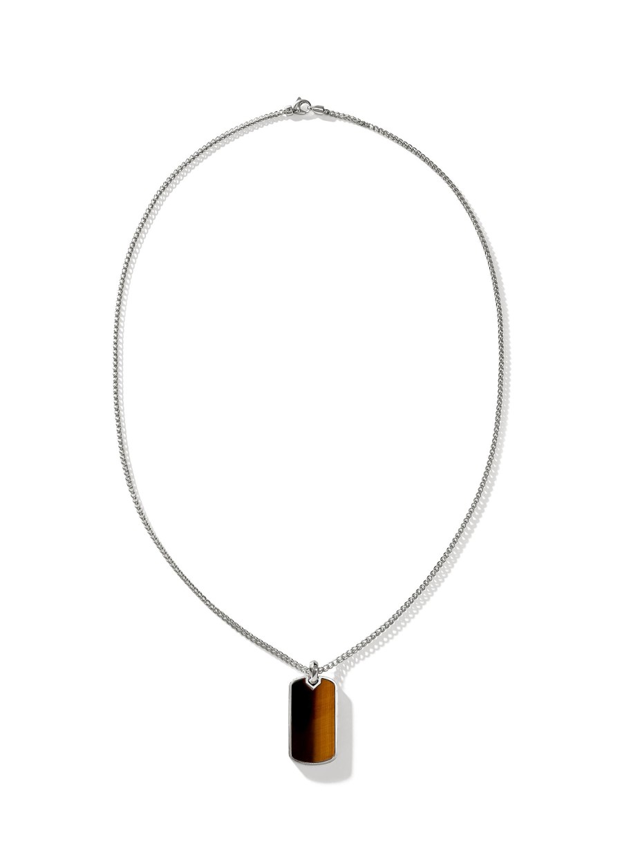 Women JOHN HARDY Fine Jewellery | Silver Tigers Eye Dog Tag Pendant Chain Necklace — Size 22