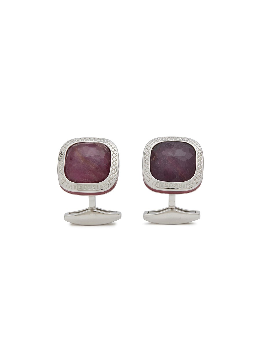 Men TATEOSSIAN Cufflinks | Rhodium Plated Sterling Silver Flower Cut Ruby Enamel Edge Square Cufflinks