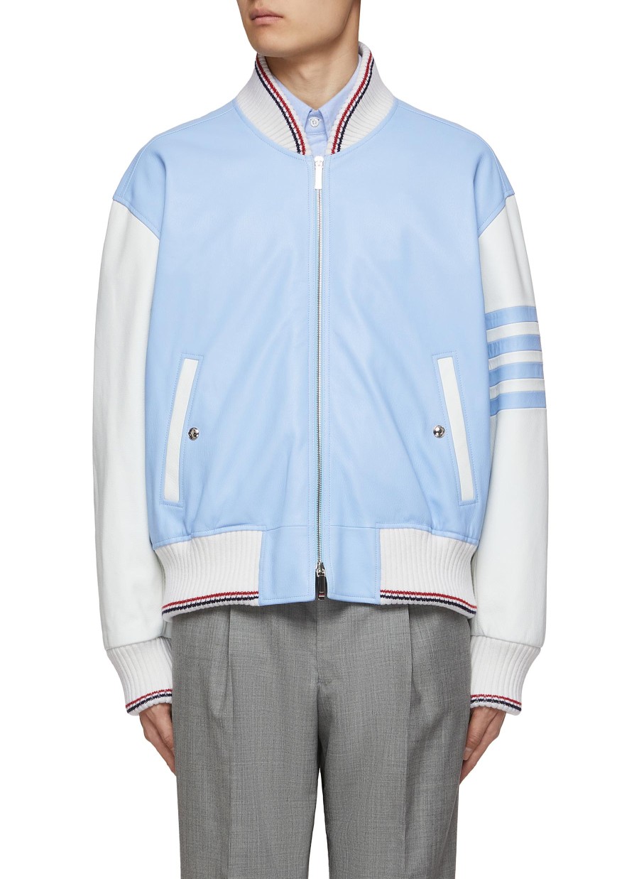 Men THOM BROWNE Jackets | 4 Bar Motif Front Zip Lamb Leather Oversized Varsity Jacket