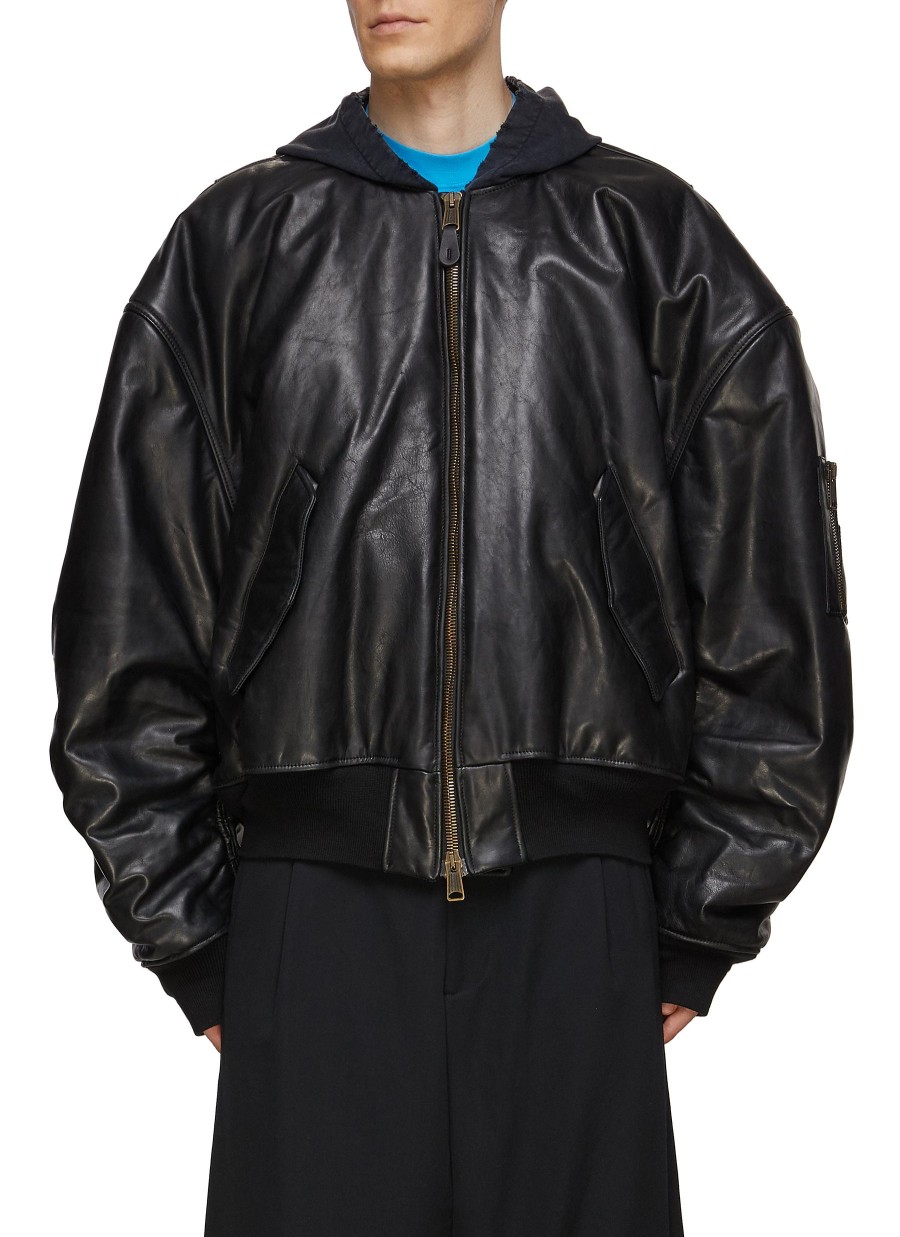 Men BALENCIAGA Jackets | Hooded Leather Oversized Bomber Jacket