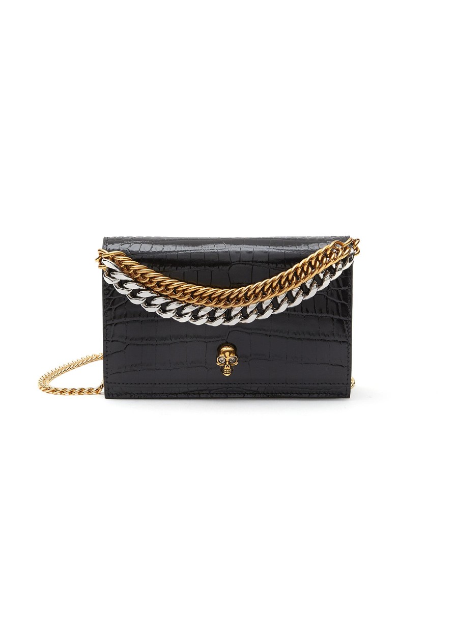 Women ALEXANDER MCQUEEN Crossbody | Skull Applique Croc Effect Leather Chain Crossbody Bag