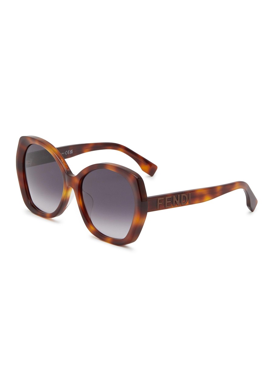 Women FENDI Eyewear | Lettering Tortoiseshell Effect Acetate Round Frame Sunglasses