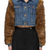 Women BALMAIN Jackets | Faux Fur Sleeve Cropped Denim Jacket