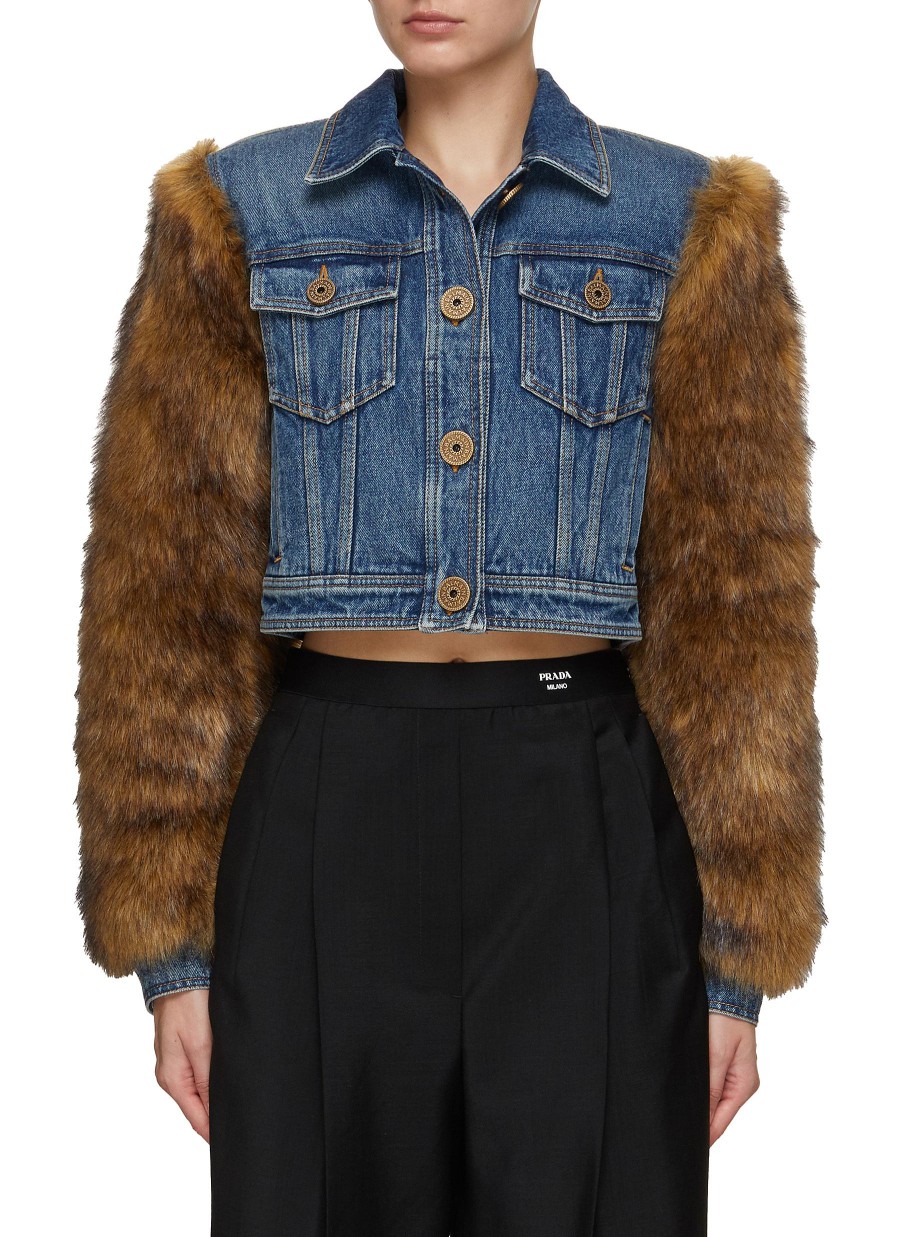 Women BALMAIN Jackets | Faux Fur Sleeve Cropped Denim Jacket