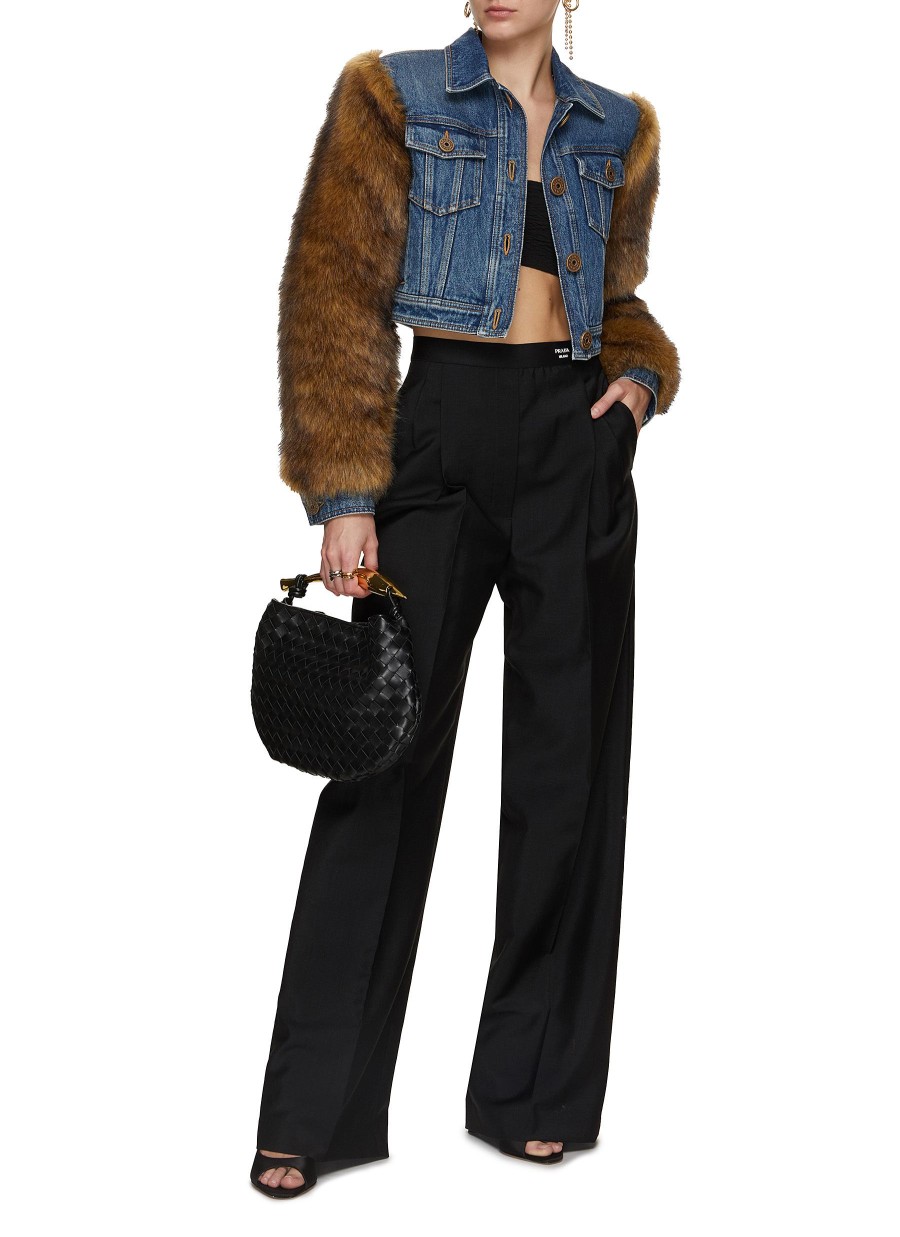 Women BALMAIN Jackets | Faux Fur Sleeve Cropped Denim Jacket