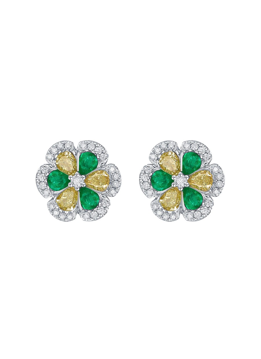 Women LC COLLECTION JEWELLERY Fine Jewellery | 18K White Gold Yellow Diamond Emerald Flower Stud Earrings