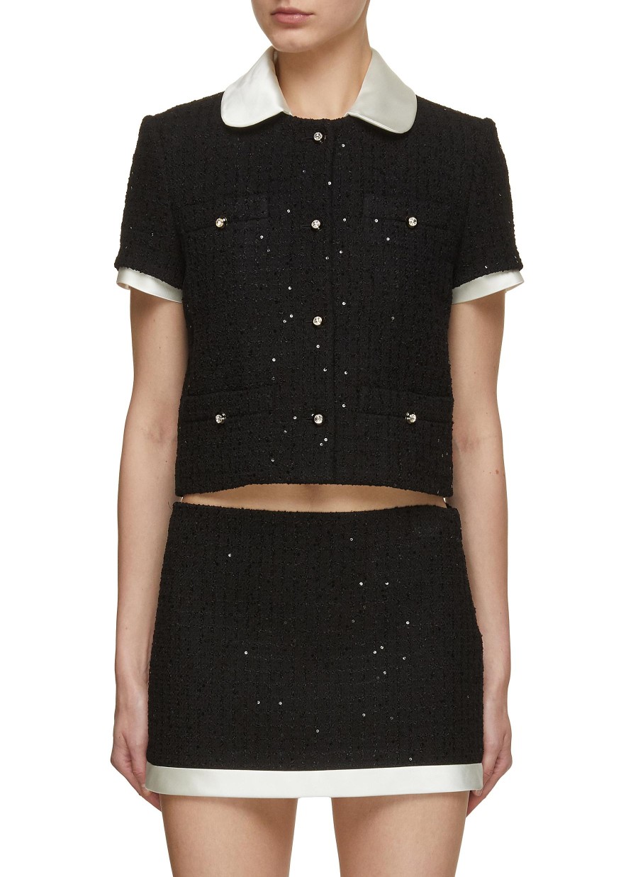 Women MIU MIU Jackets | Micro Sequin Button Up Tweed Jacket