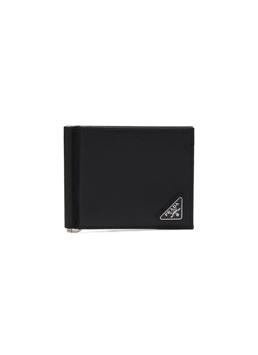 Men PRADA Small Leather Goods | Enamelled Logo Saffiano Leather Money Clip Bi-Fold Wallet