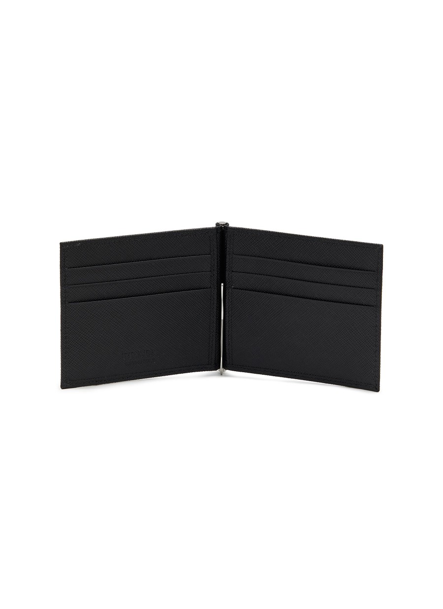 Men PRADA Small Leather Goods | Enamelled Logo Saffiano Leather Money Clip Bi-Fold Wallet