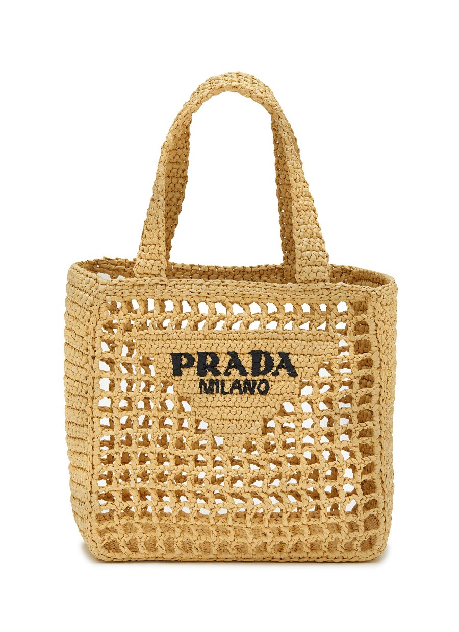 Women PRADA Tote Bags | Small Triangular Logo Raffia Tote Bag