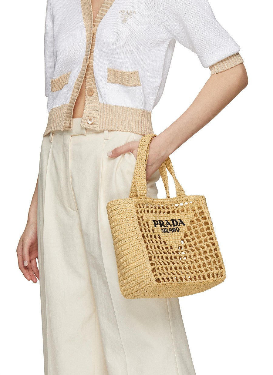 Women PRADA Tote Bags | Small Triangular Logo Raffia Tote Bag