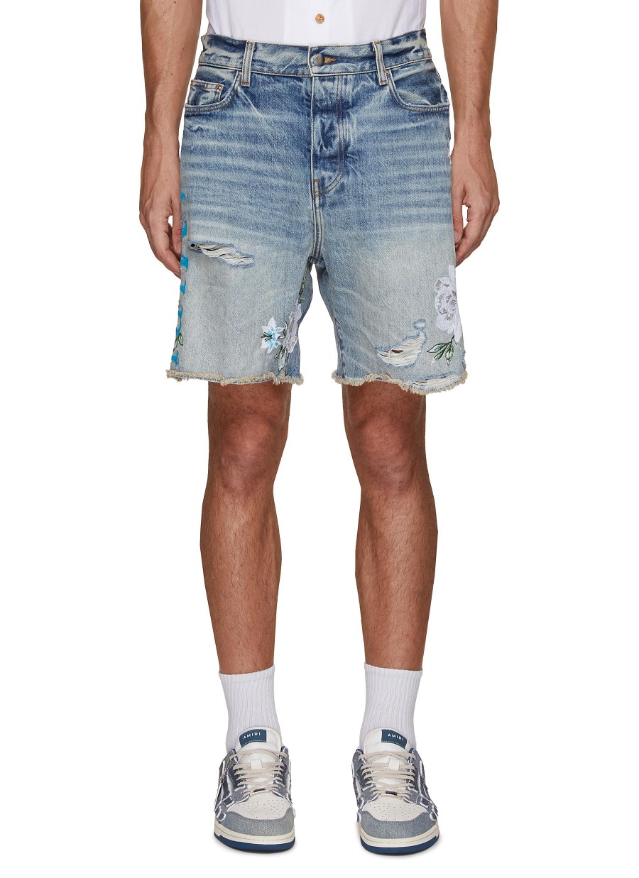 Men AMIRI Pants | Embroidered Floral Logo Medium Wash Denim Shorts