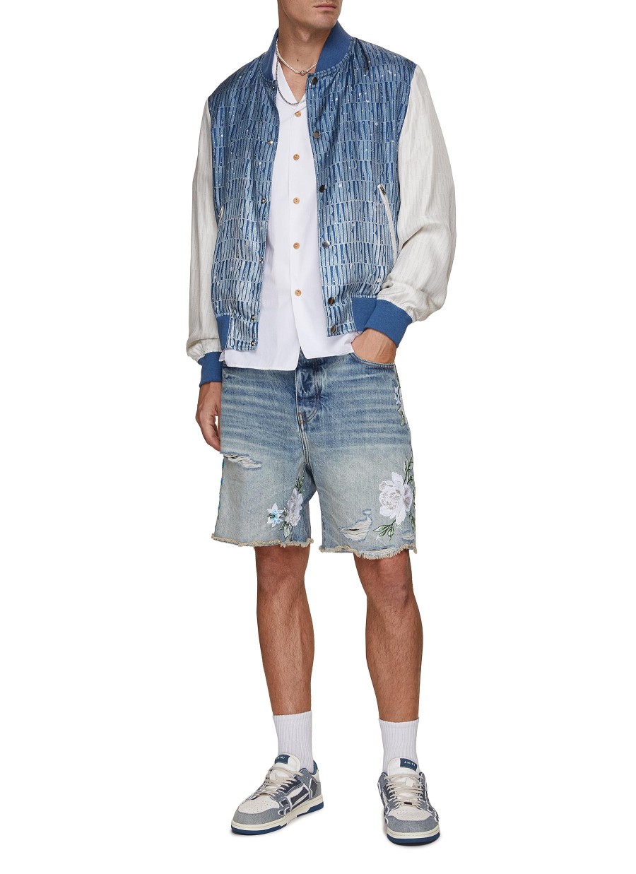 Men AMIRI Pants | Embroidered Floral Logo Medium Wash Denim Shorts