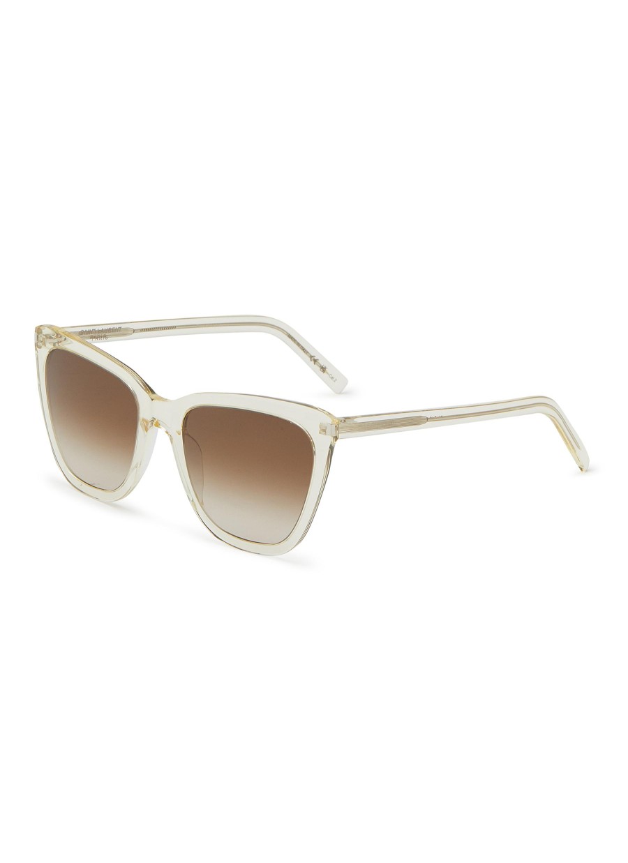 Women SAINT LAURENT Eyewear | Brown Lens Acetate Angular Frame Logo Temple Cat Eye Sunglasses