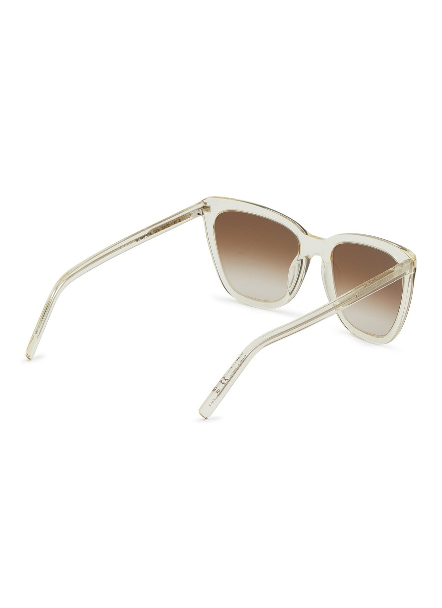 Women SAINT LAURENT Eyewear | Brown Lens Acetate Angular Frame Logo Temple Cat Eye Sunglasses