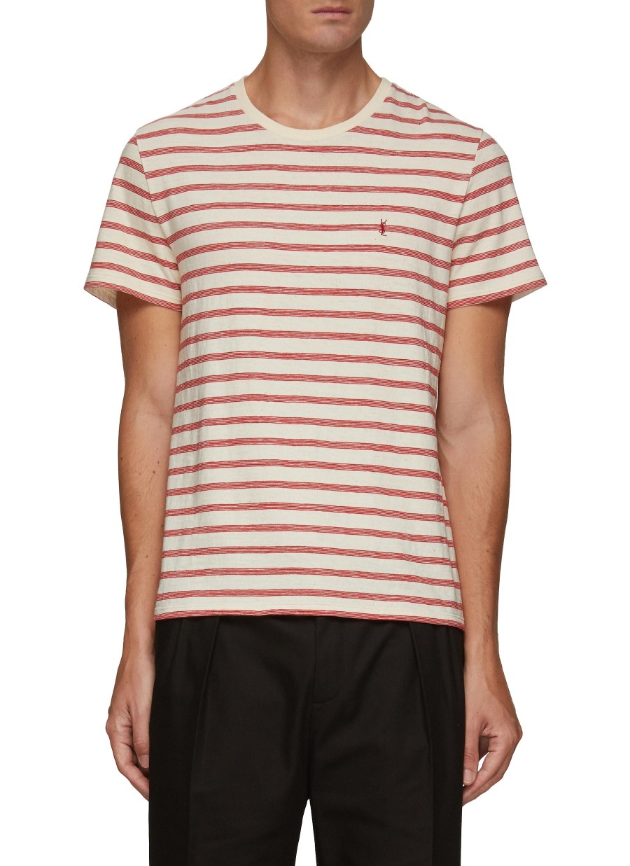 Men SAINT LAURENT T-Shirts | Stripe Logo Print Cotton Shirt