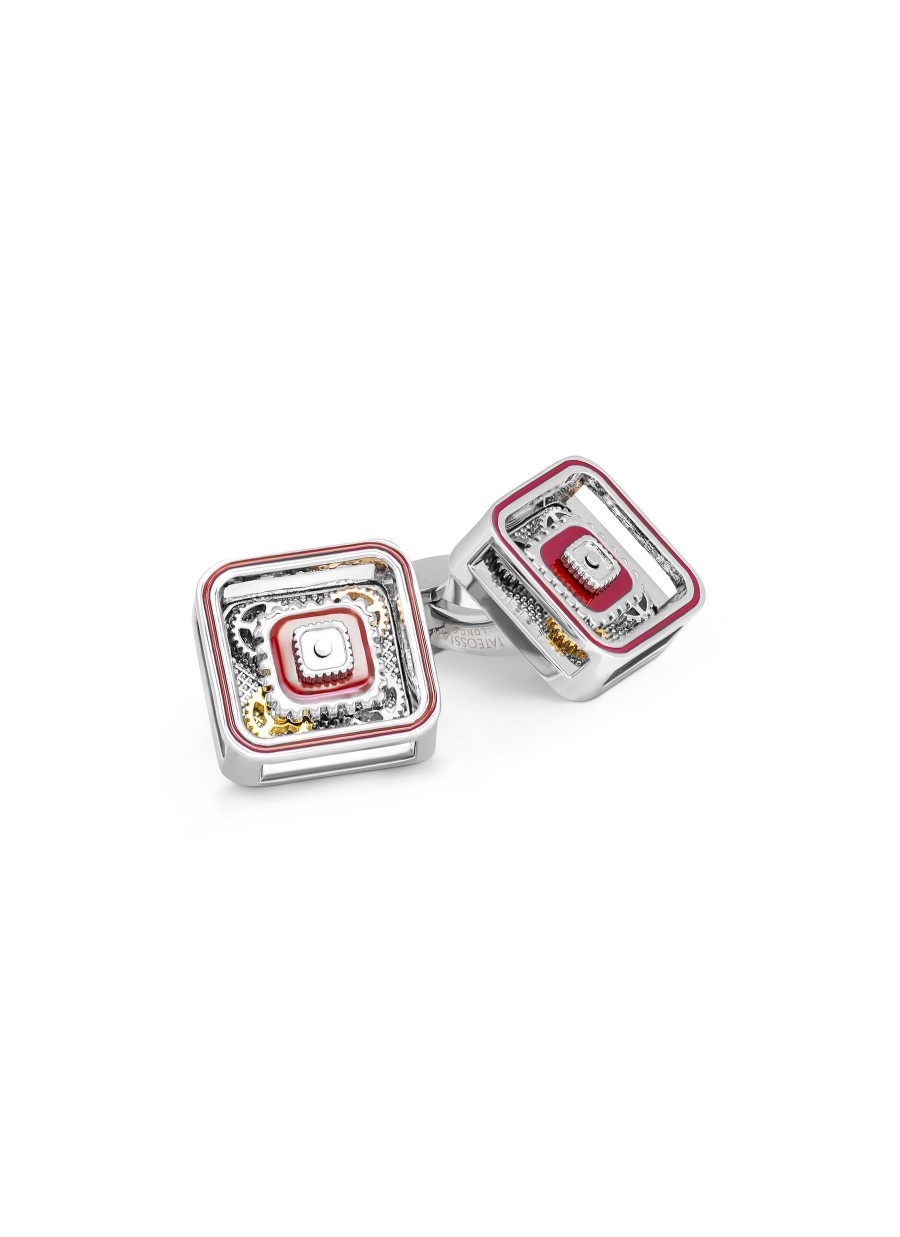 Men TATEOSSIAN Cufflinks | Palladium Plated Base Red Handpainted Enamel Detailing Square Gear Cufflink