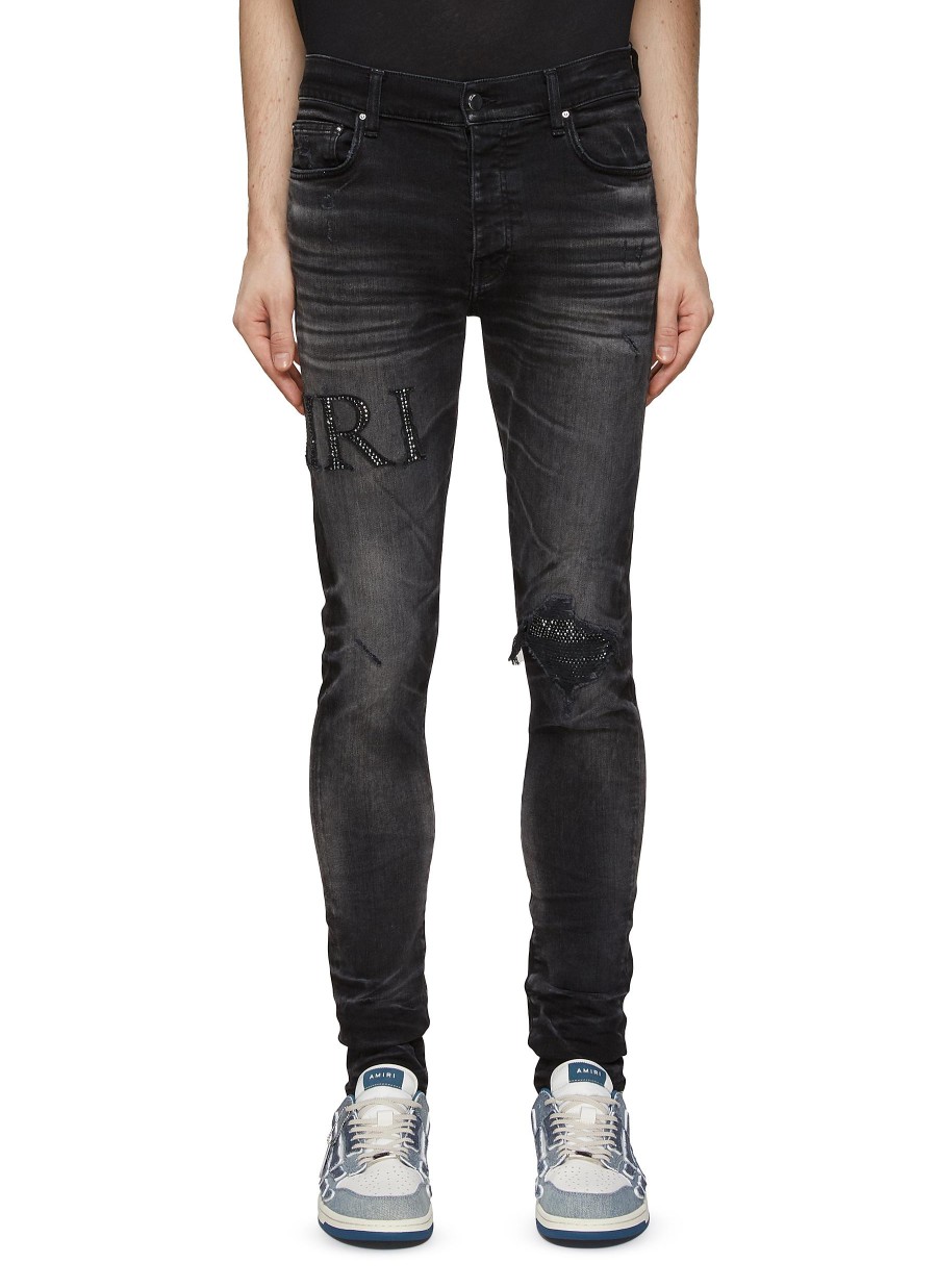 Men AMIRI Pants | Rhinestone Embellished Logo Skinny Jeans