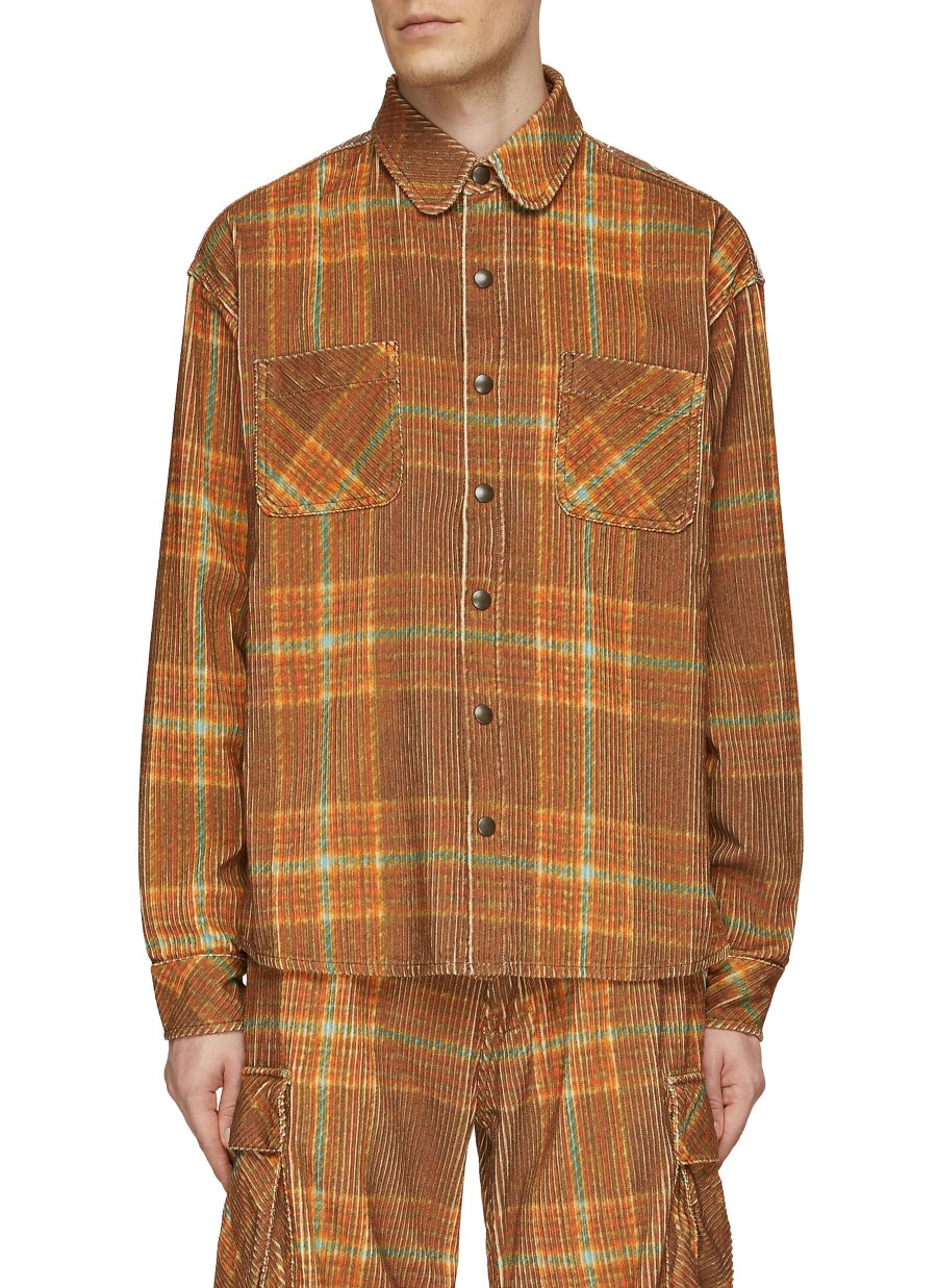 Men ERL Shirts | Printed Check Plastic Coated Back Panel Corduroy Shirt