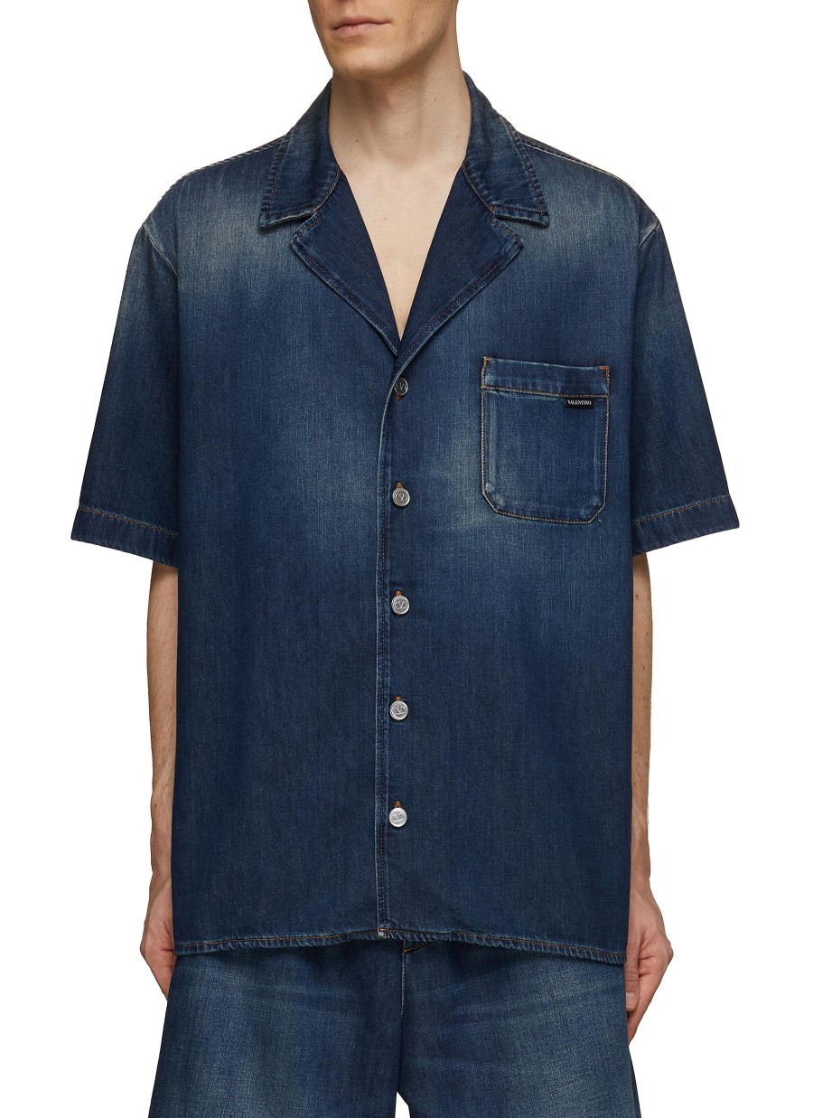 Men VALENTINO Shirts | Logo Tagged Pocket Denim Shirt