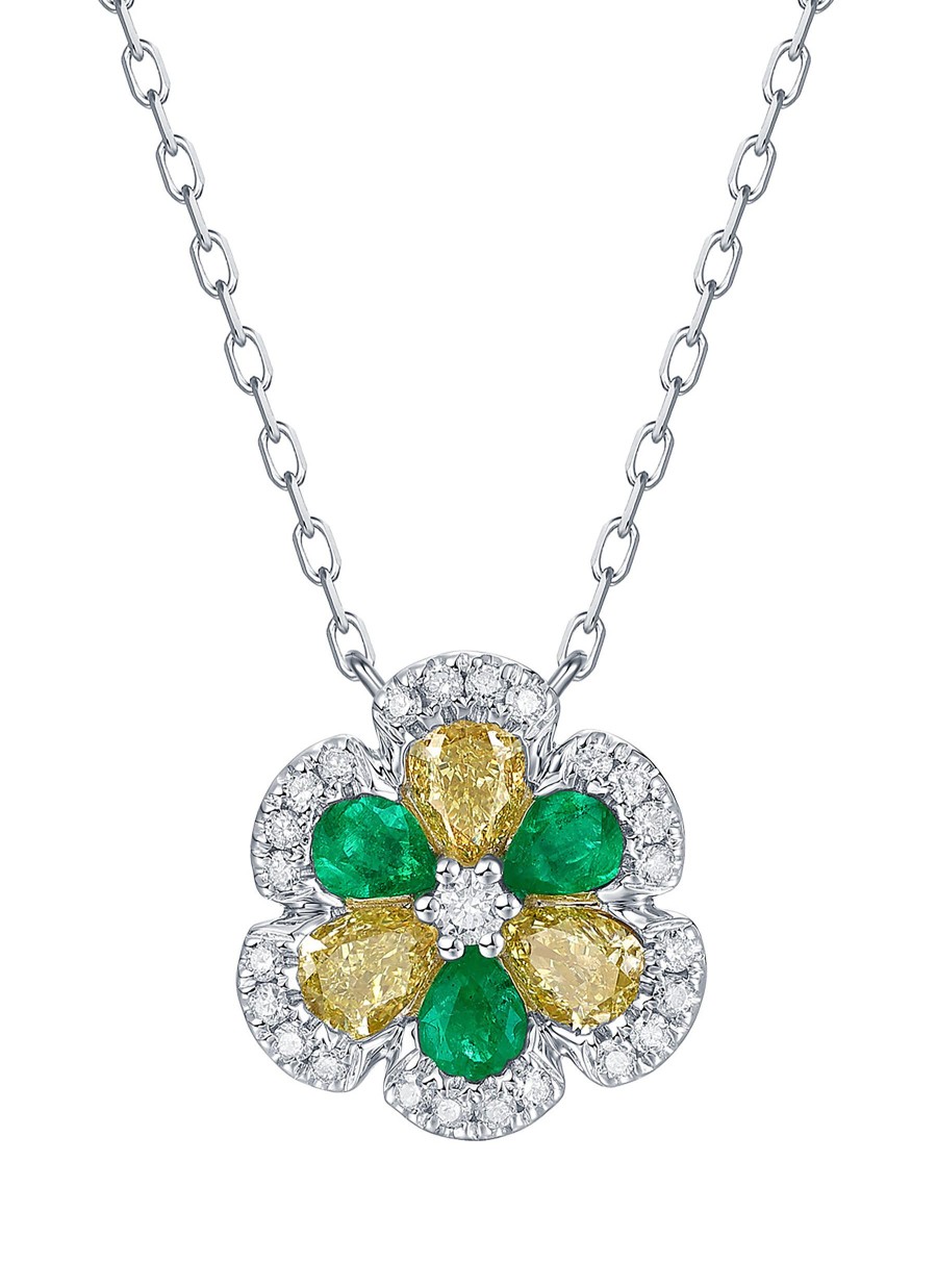 Women LC COLLECTION JEWELLERY Fine Jewellery | 18K White Gold Yellow Diamond Emerald Flower Pendant — Size 18"