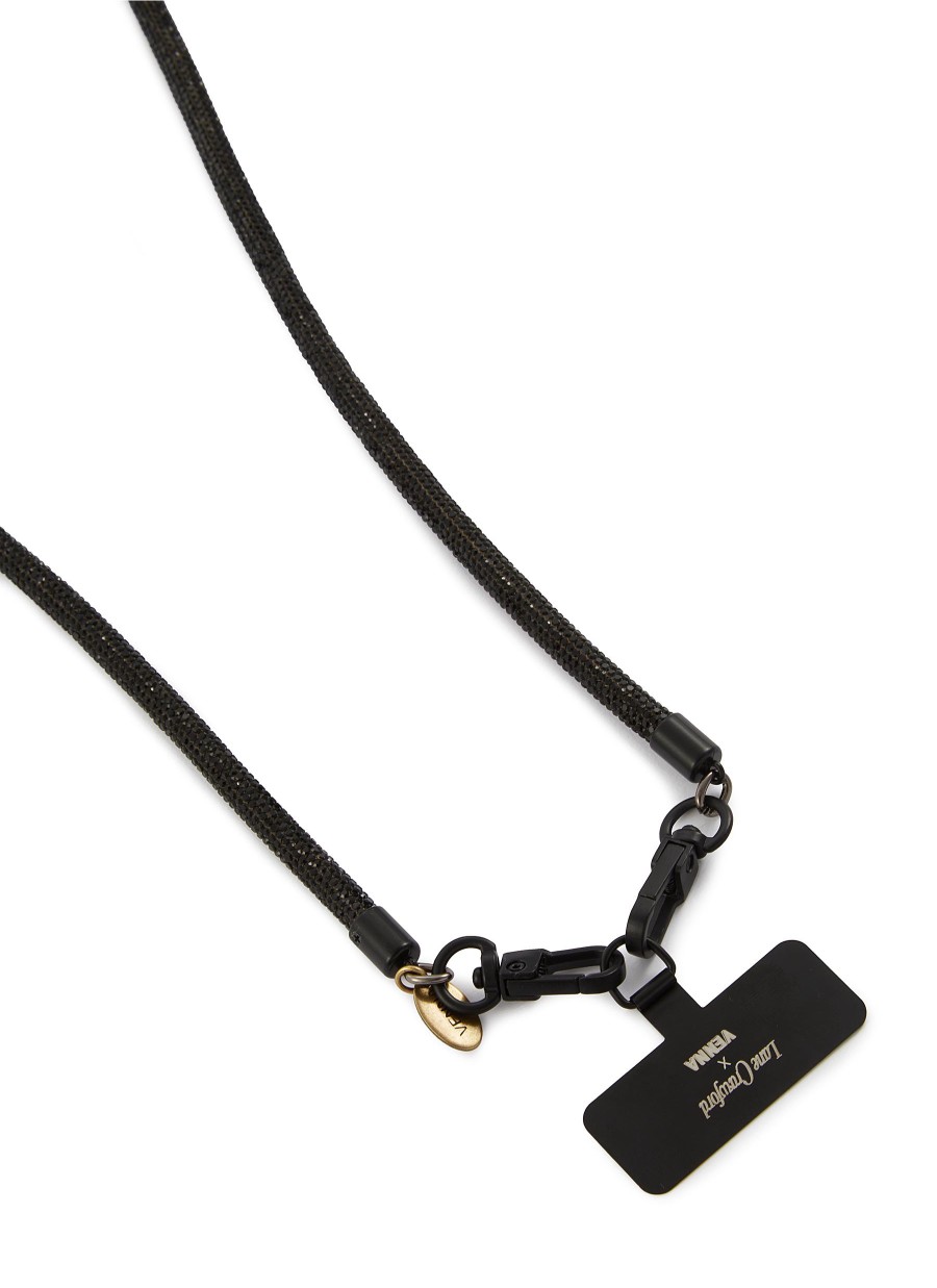 Women VENNA Tech Accessories | Crystal Embellished Phone Strap — Platinum Black