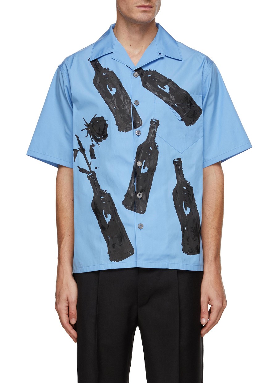 Men PRADA Shirts | Painted Wine Bottle Print Short Sleeve Shirt