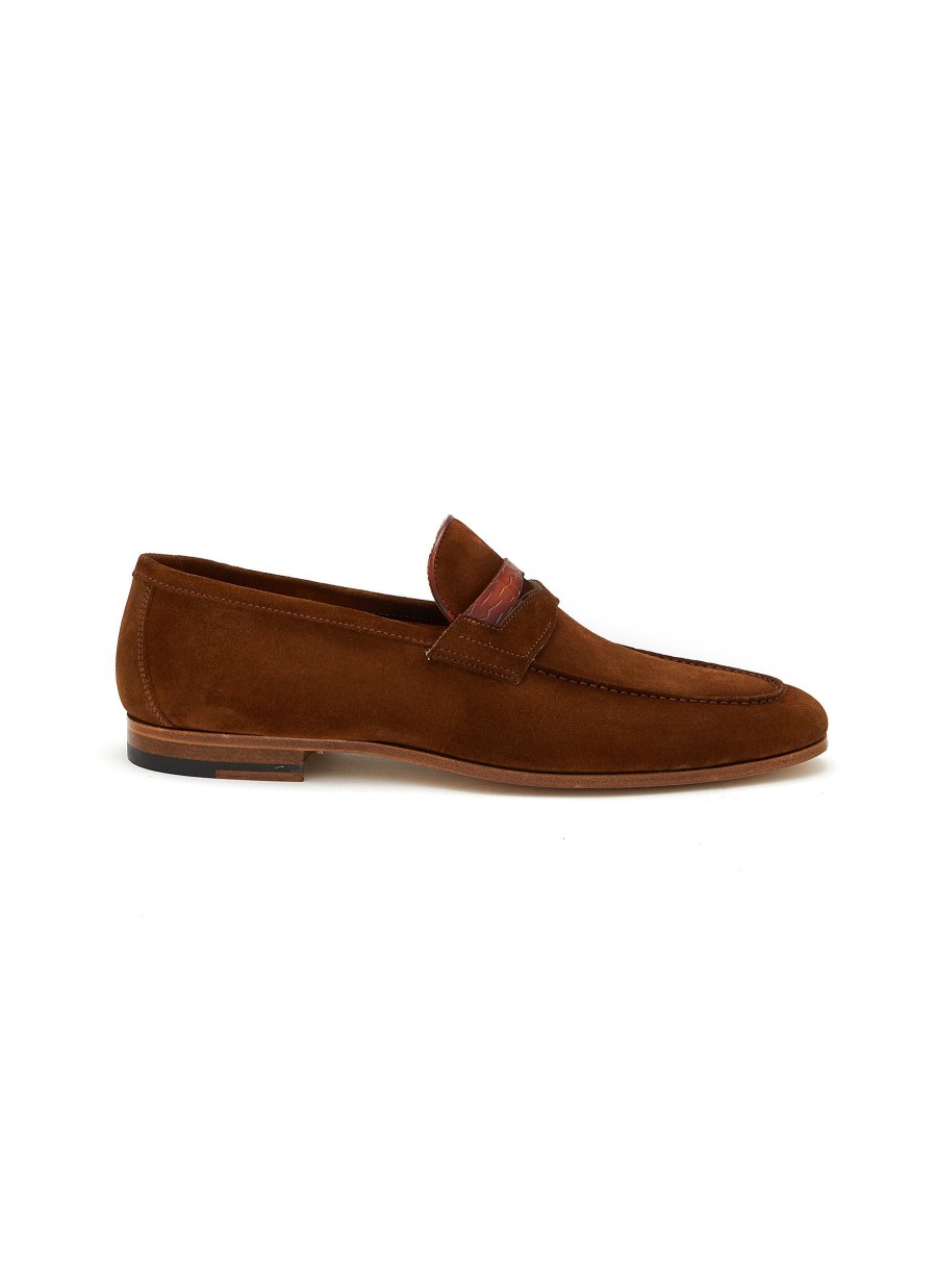 Men MAGNANNI Flats | Hendidos' Crocodile Embossed Strap Suede Penny Loafers