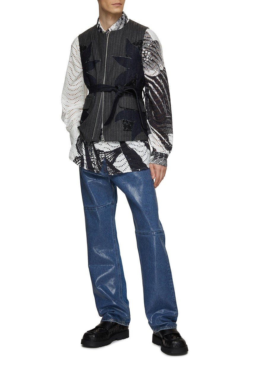 Men KHOKI Jackets | Floral And Lace Applique Striped Zipped Vest