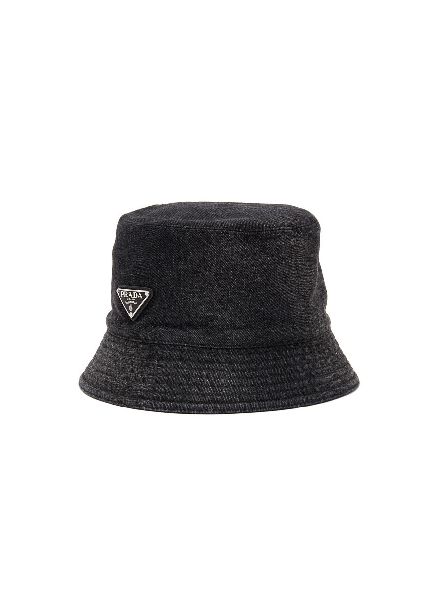 Men PRADA Hats & Gloves | Enamelled Metal Triangular Logo Denim Bucket Hat