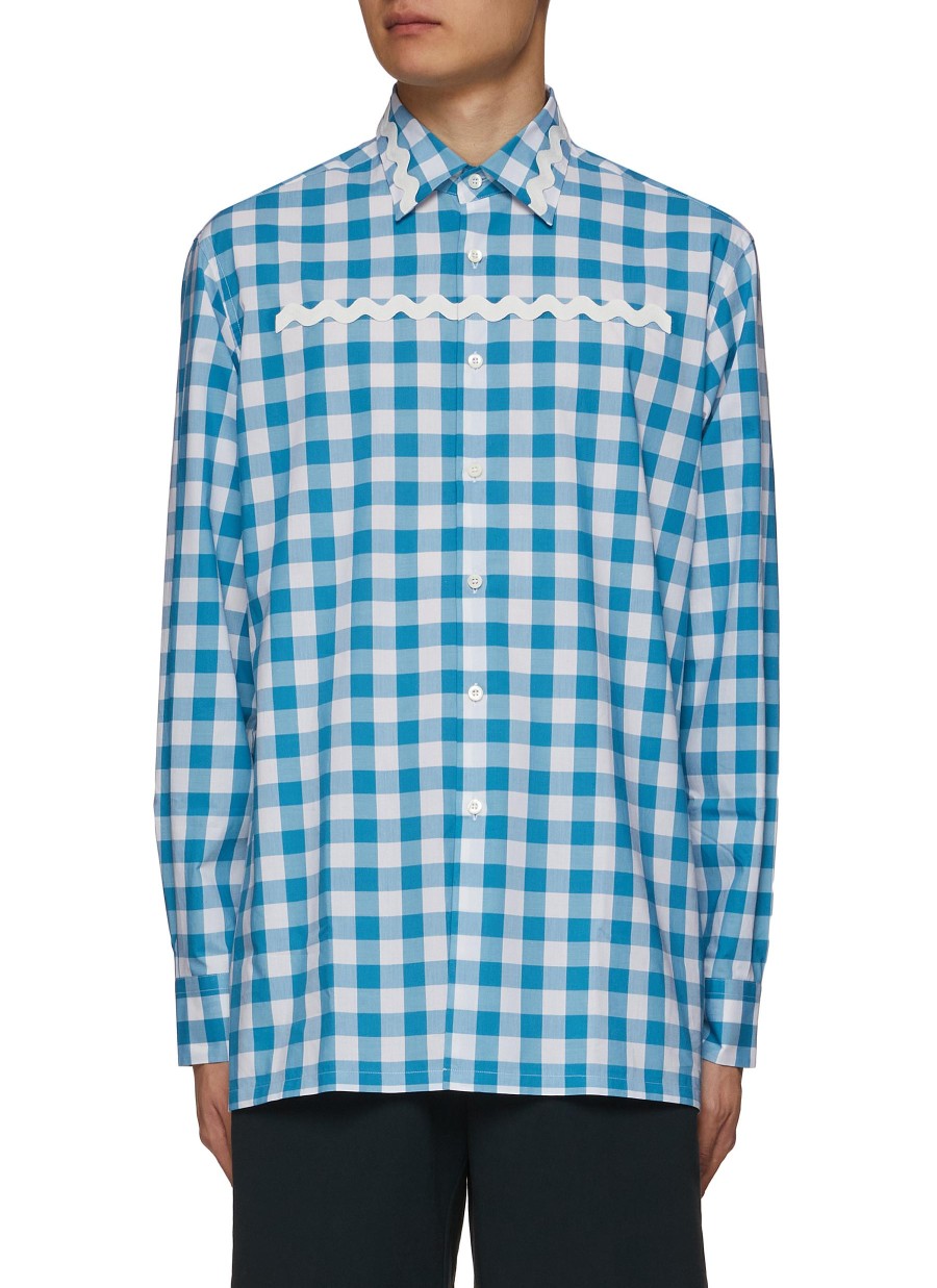 Men PRADA Shirts | Wavy Line Applique Gingham Check Cotton Shirt