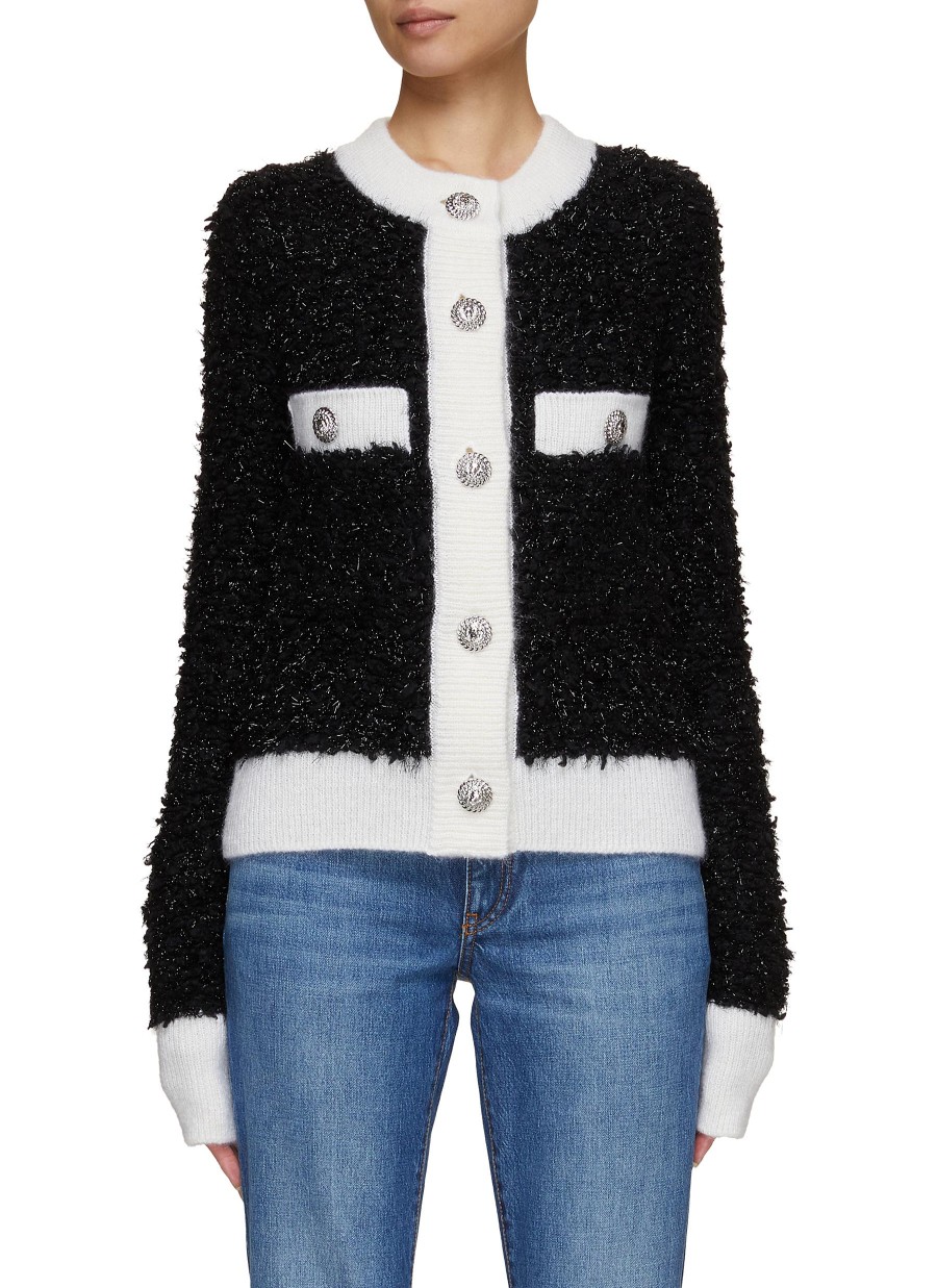 Women BALMAIN Jackets | Furry Tweed Contrast Trim Cardigan