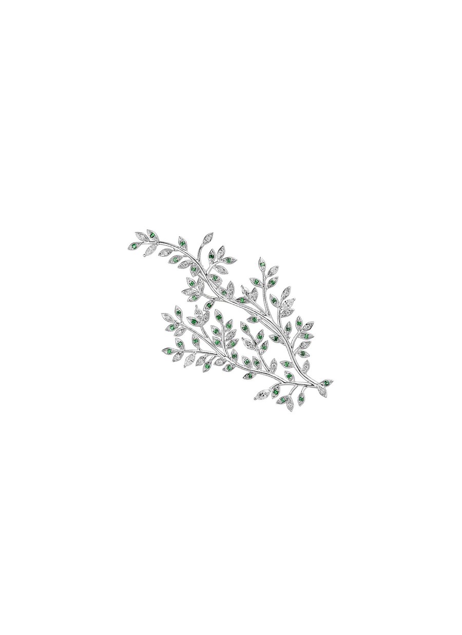 Women LC COLLECTION JEWELLERY Fine Jewellery | Neo-Romantic Mistletoe Leaf 18K White Gold Diamond Tsavorite Brooch