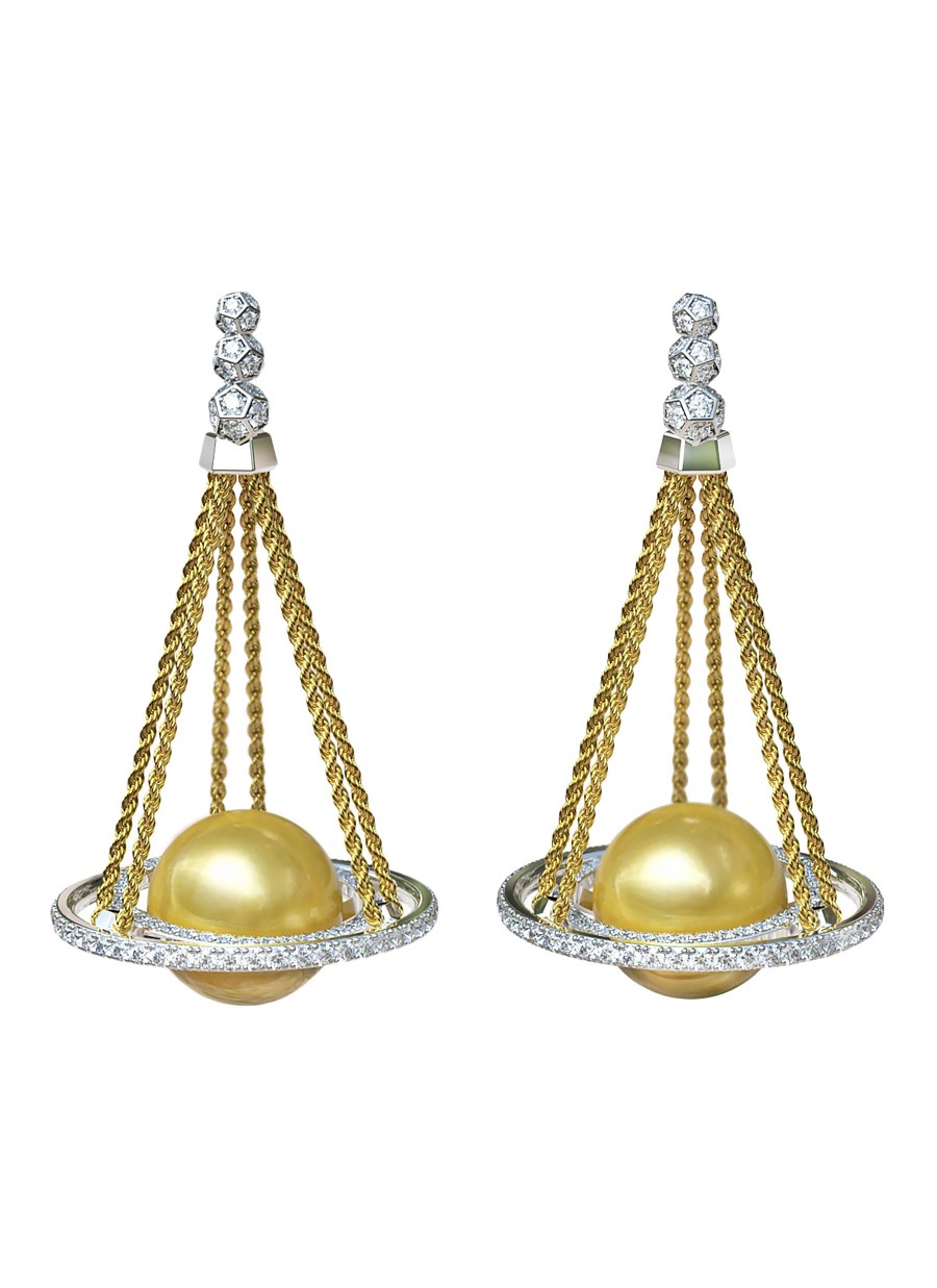 Women MING SONG HAUTE JOAILLERIE Fine Jewellery | Galaxy Selva 18K Yellow Gold 14K White Gold Diamond Pearl Earrings