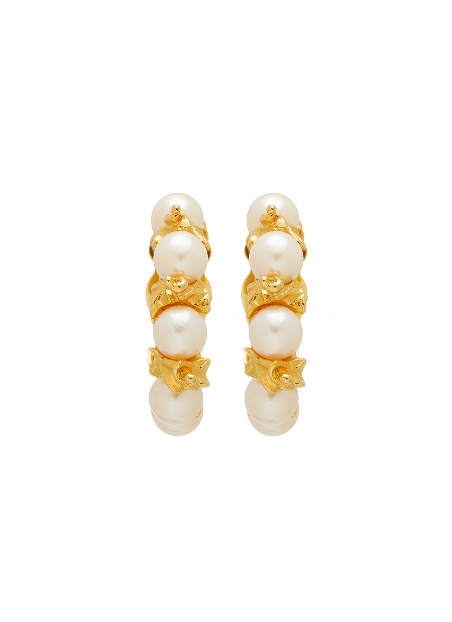 Women LANE CRAWFORD VINTAGE ACCESSORIES Vintage Accessories | Unsigned Gold Tone Faux Pearl Hoop Clip On Earrings