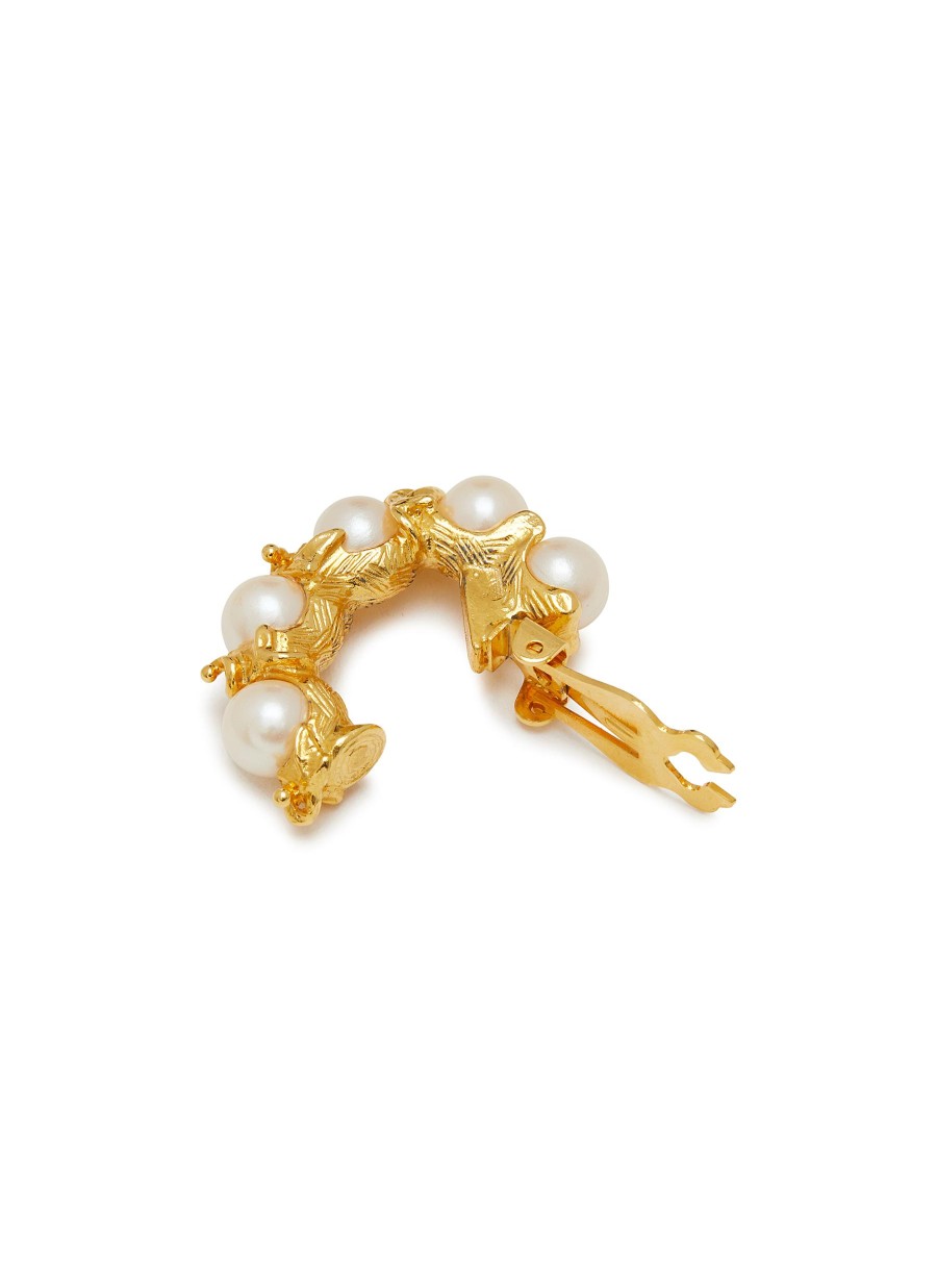 Women LANE CRAWFORD VINTAGE ACCESSORIES Vintage Accessories | Unsigned Gold Tone Faux Pearl Hoop Clip On Earrings