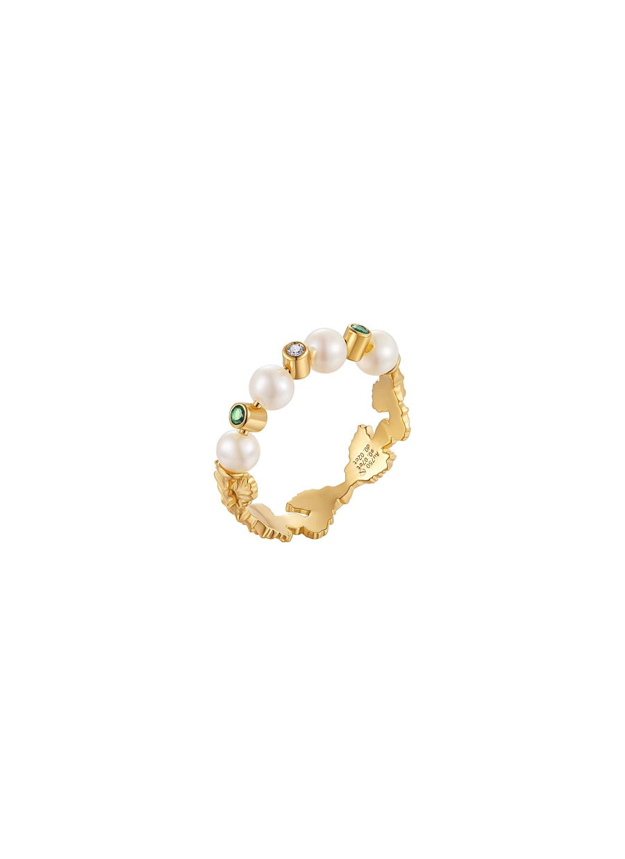 Women LC COLLECTION JEWELLERY Fine Jewellery | Neo Romantic Mistletoe Leaf Diamond Tsavorite Pearl 18K Yellow Gold Ring — Size 12