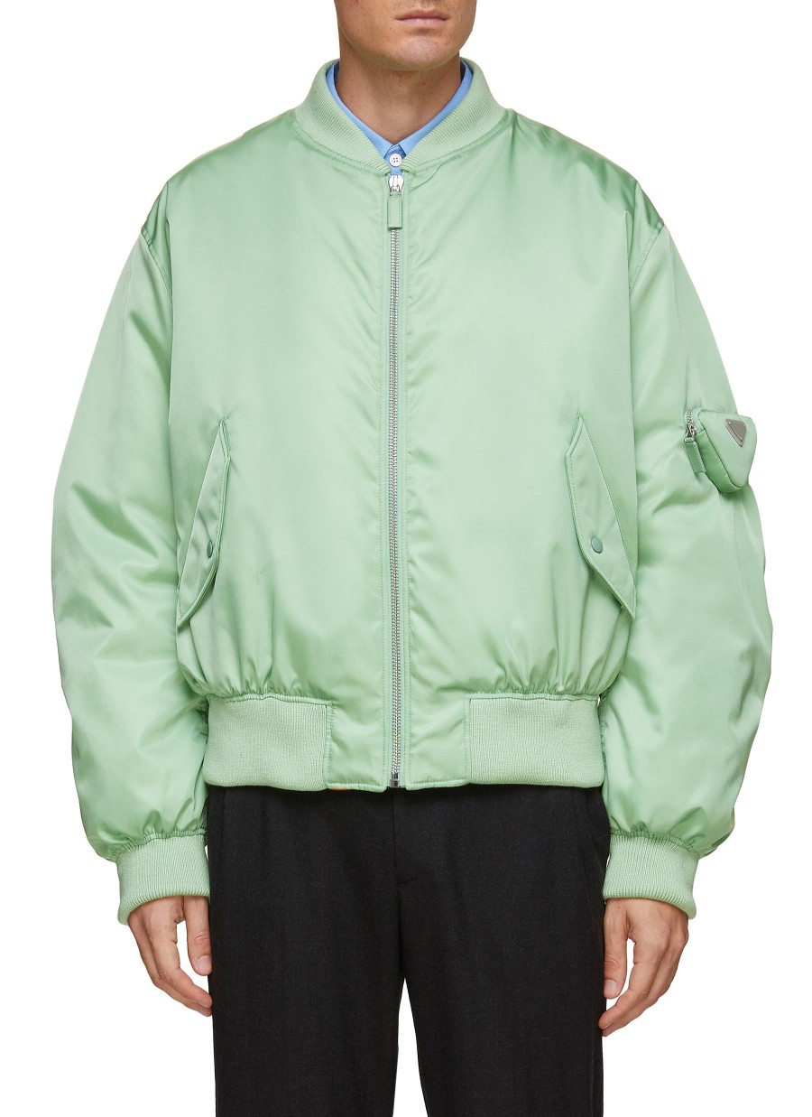 Men PRADA Jackets | Logo Plaque Pouch Oversized Re-Nylon Bomber Jacket