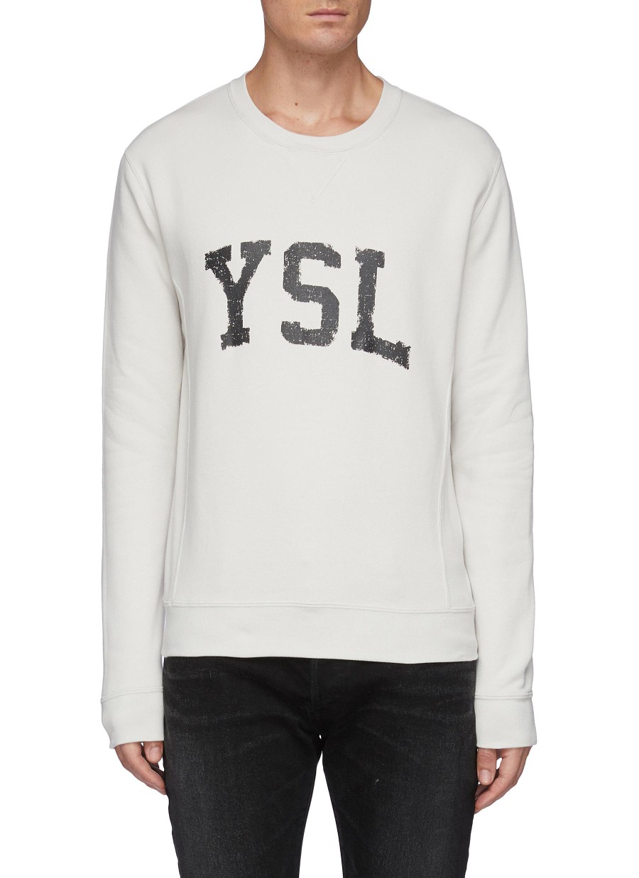 Men SAINT LAURENT Pullovers & Hoodies | Ysl Logo Print Cotton Crewneck Sweatshirt